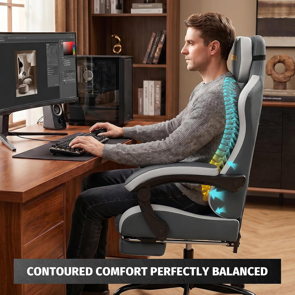 Honeycomb Embossed Gaming Chair with Footrest & Massage Lumbar Support, Adjustable Ergonomic Office Chair for Adults, 300 lbs (Grey White) - Image 6