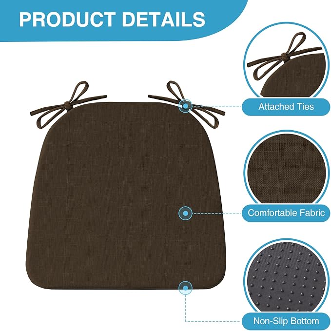IASEAHK Chair Cushions for Dining Chairs Set of 6, Non Slip Kitchen Chair Pads, 17" x 16" x 2", Indoor Dining Chair Cushions with Ties, D-Shaped Seat Cushions for Kitchen Chairs, Brown - Image 2
