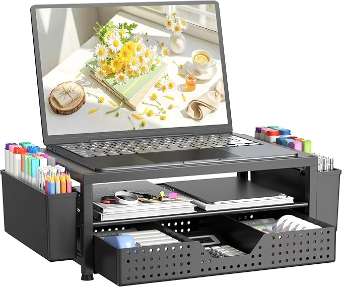 Desk Organizer and Accessories, 2-Tier Computer Monitor Stand Riser with Drawer and 2 Pen Holders, Laptop Stand, Office Desk Accessories for Office Supplies, 1 Pack, Black-Ventilated by OPNICE