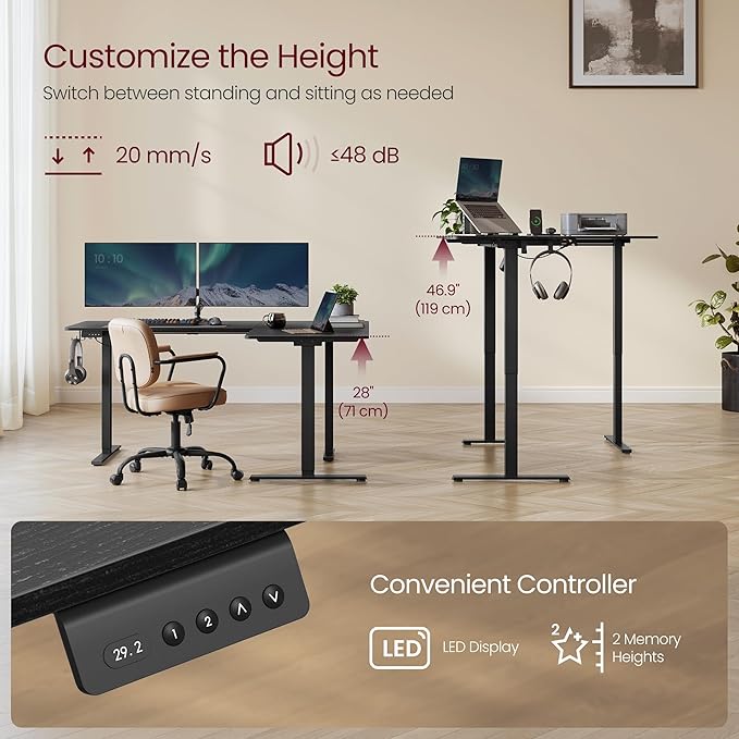 VASAGLE L Shaped Electric Standing Desk, 63 x 47.2 Inches, Height Adjustable Corner Desk with Power Outlets, 2 Memory Buttons, Easy to Assemble, for Home Office, Black ULSD242B01 - Image 4