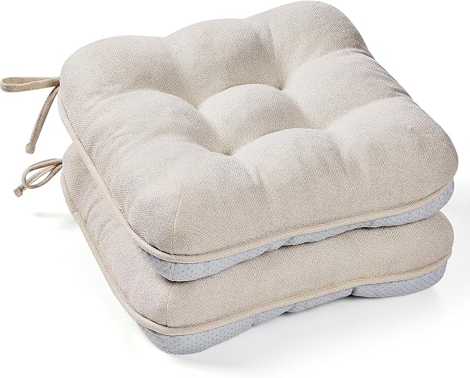 BETU Chair Cushions for Dining Chairs Set of 2,3.5" Thick Kitchen Table Chair Pads with Ties,Non Slip Backing and Covers, Seat Cushion for Dining Room,Bar,Patio Chairs,15.5"X15.5"X3.5",Beige by BETU