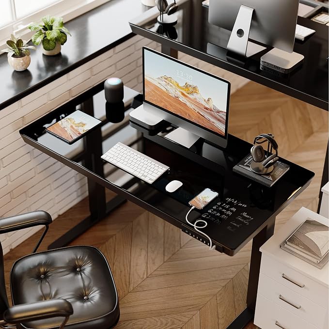 BANTI Electric Standing Desk with Drawers, 48 inch Whole-Piece Glass Desktop, Height Adjustable Stand up Sit Stand Home Office Ergonomic Workstation, Black Tabletop - Image 7