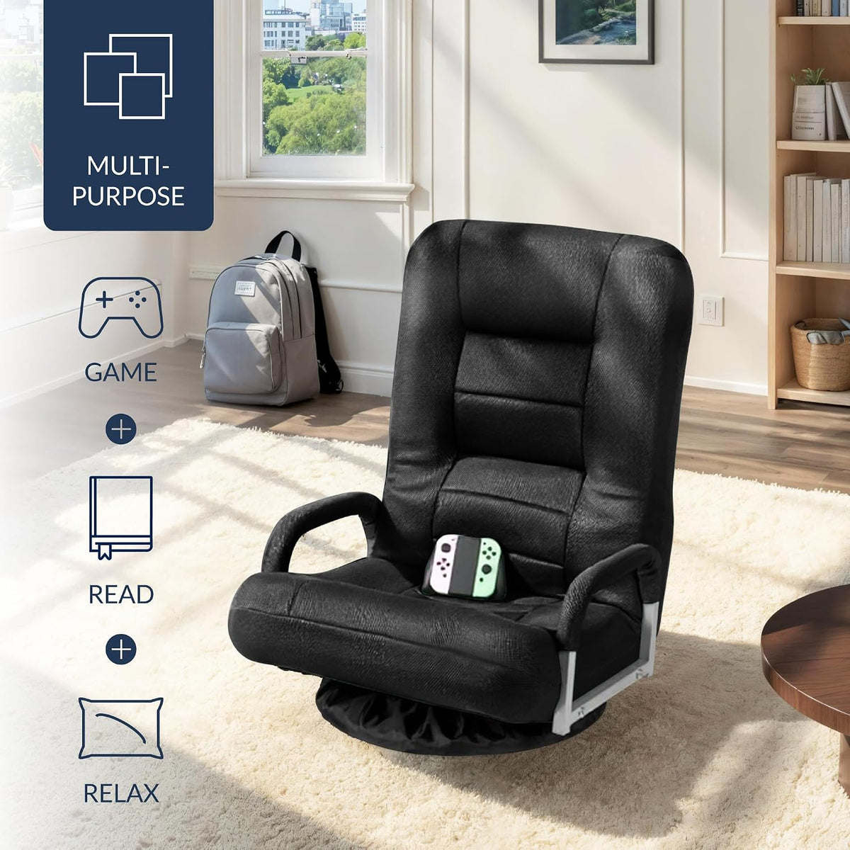 Best Choice Products Swivel Gaming Chair 360 Degree Multipurpose Floor Chair Rocker for TV, Reading, Playing Video Games w/Lumbar Support, Armrest Handles, Adjustable Foldable Backrest - Black/Black - Image 4
