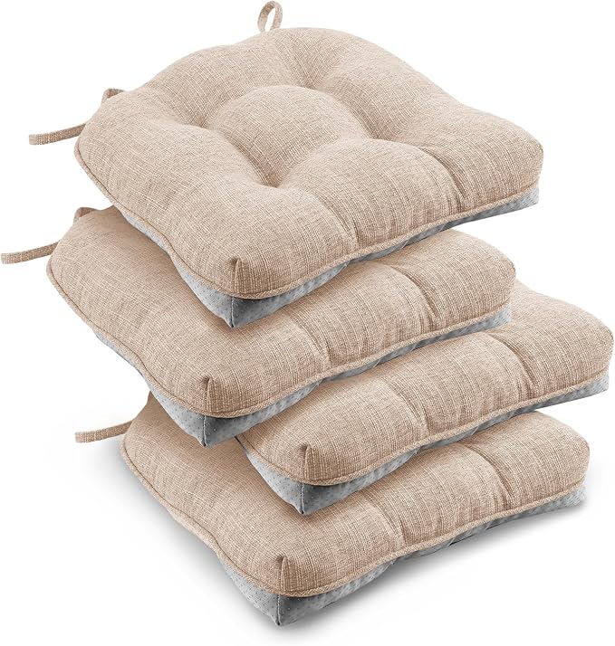 downluxe Indoor Chair Cushions for Dining Chairs, Tufted Overstuffed Textured Foam Kitchen Chair Pads with Ties and Non-Slip Backing, 15.5" x 15.5" x 4", Oatmeal Beige, 4 Pack by Downluxe