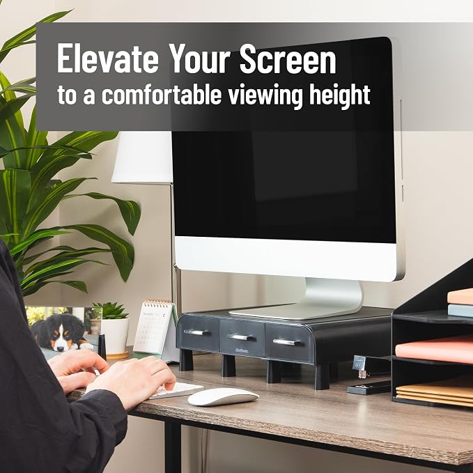 Mind Reader Monitor Stand, 3 Storage Drawers, Desktop Organizer, Riser, Office, 13.5"L x 13"W x 4"H, Set of 2, Black - Image 2