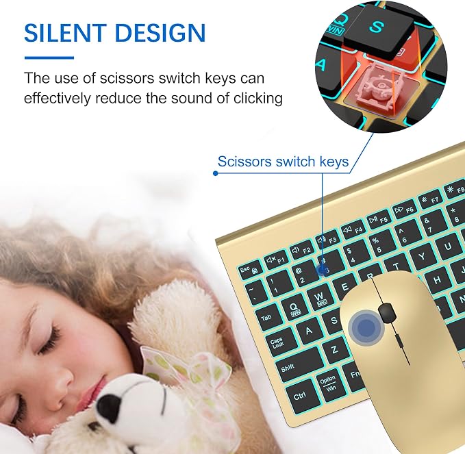 Wireless Backlit Keyboard and Mouse Ultra Slim Combo, TopMate - Gold Black | 2.4G Silent Compact 2400DPI Mouse and Scissor Switch Keyboard Set, Batteries Included, for PC/Laptop/Windows/Mac/Gaming - Image 2