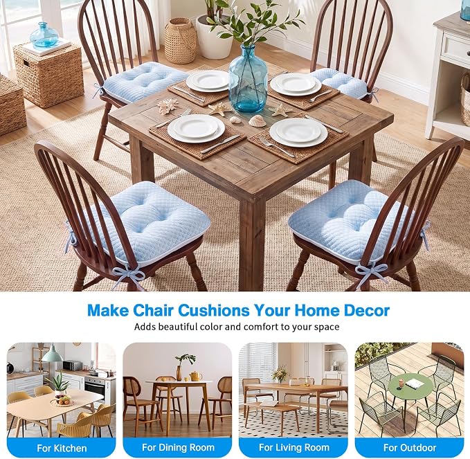 BETU Cooling Chair Cushions Set of 4, 3.5” Thick Seat Cushions,Breathable Comfort Fabric Chair Pads with Non Slip Bottom & Ties, Soft Support Cushion for Kitchen, Office, Patio, 15.5"X15.5"X3.5"Blue - Image 9
