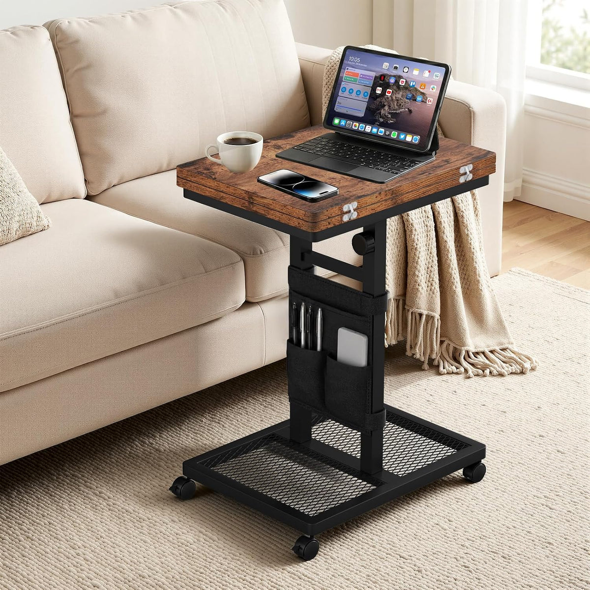 Aduanbang TV Tray Table, C-Shaped End Table, 6-Level Adjustable Height,Sofa Side Desk for Couch, Bed, Chair, Living Room (Brown) by Aduanbang