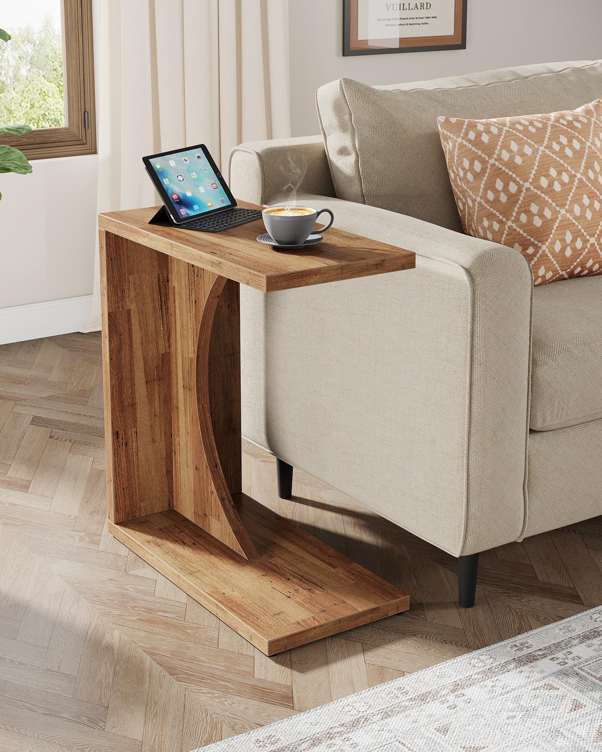 Tribesigns C-Shaped End Table for Couch, Sofa Side Table, C Table for Small Space, Living Room, Bedroom (1, Walnut Brown) - Image 4