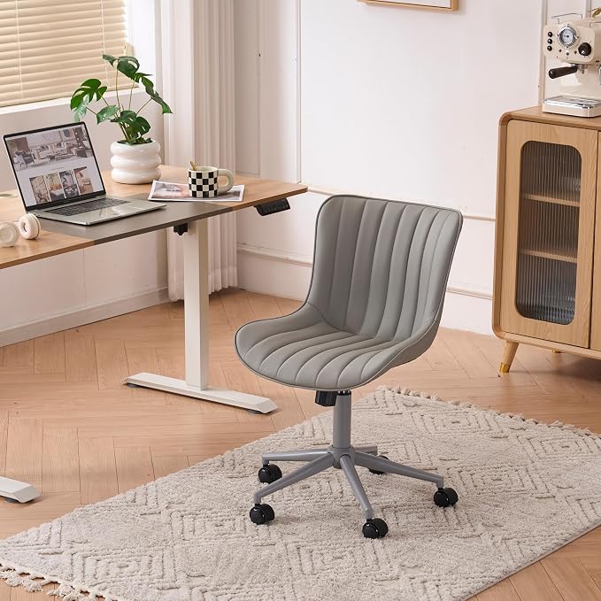 YOUNIKE Office Desk Chair with Wheels Armless Vanity Chair Ergonomic Grey | Faux Leather Upholstered with Rocking Back, Swivel Height Adjustable, Modern Small Cute Task Chair For Sewing Drafting - Image 9