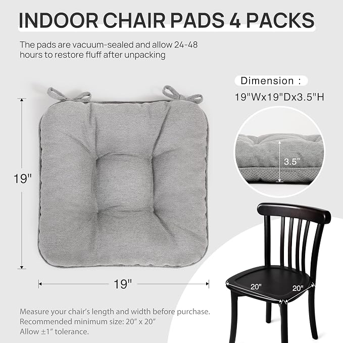 Love's cabin Memory Foam Chair Cushions Set of 4, 19 Inch, Light Grey | 19"x19"x3.5", Indoor & Outdoor Chair Seat Pads with Non-slip Bottom and Ties, for Dining, Kitchen, Office and Patio Chair - Image 2