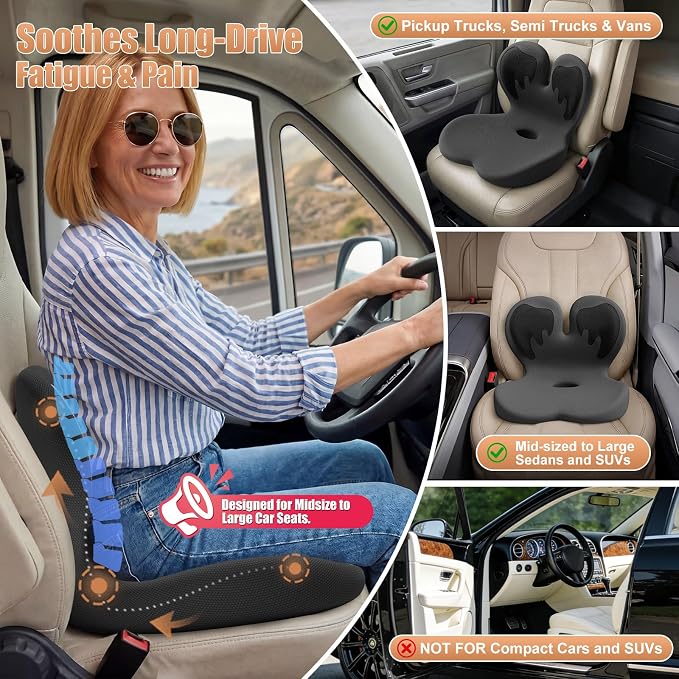 Thick Car Seat Cushion with Lumbar Support for Long Driving RV, Ergonomic Memory Foam Office Chair Cushion for Sciatica, Tailbone & Lower Back Relief, Ideal Gift for Drivers & Office Workers (Black) - Image 3