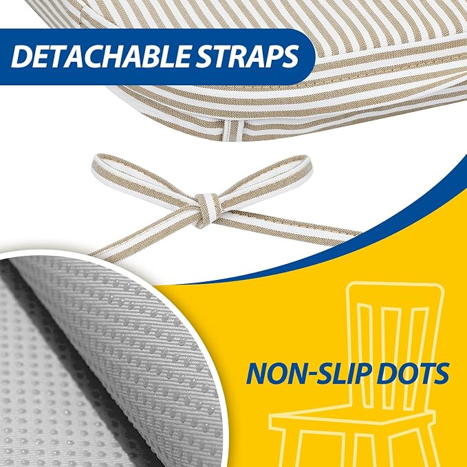 AAAAAcessories D-Shaped Chair Cushions, 2" Thick Dining Chair Pads with Ties and Removable, Machine-Washable Cover, 17" x 16", Set of 2, Natural Sand Pinstripe - Image 5