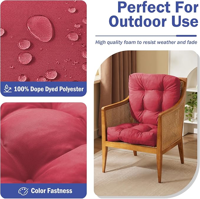 IPYNBAP Outdoor Chair Cushions Set of 2, Patio Chair Cushions with Ties, 19x19+5” Tufted Outdoor Seat Cushions, Waterproof Patio Furniture Cushions, Outdoor Dining Chair Pads, Burgundy - Image 2