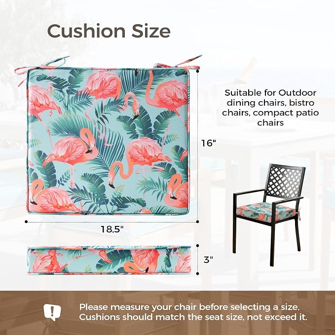 UNIKOME Outdoor Chair Cushions Set of 4, Water Resistant Patio Seat Cushions with Ties for Outdoor Furniture, High-Density Foam, UV & Fade Resistant, Piped Edge – 18.5" x 16" x 3", Flamingos - Image 2