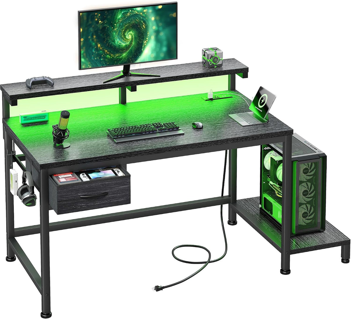 32" Gaming Desk with Power Outlet and LED Lights,Bedroom,Black by DurayLoly
