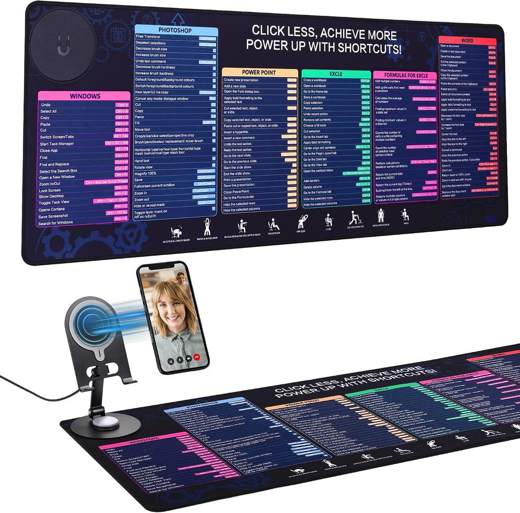 Office Pro Shortcuts Mouse Pad with Magnetic Wireless Charger & Holder Large Desk Mat with Keyboard Shortcuts with 15W Fast Qi Wireless Charging Compatible with iPhone Samsung Smartphones by WeYingLe