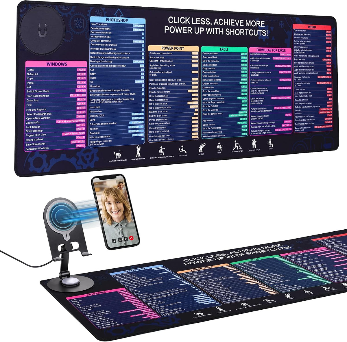 Office Pro Shortcuts Mouse Pad with Magnetic Wireless Charger & Holder Large Desk Mat with Keyboard Shortcuts with 15W Fast Qi Wireless Charging Compatible with iPhone Samsung Smartphones by WeYingLe