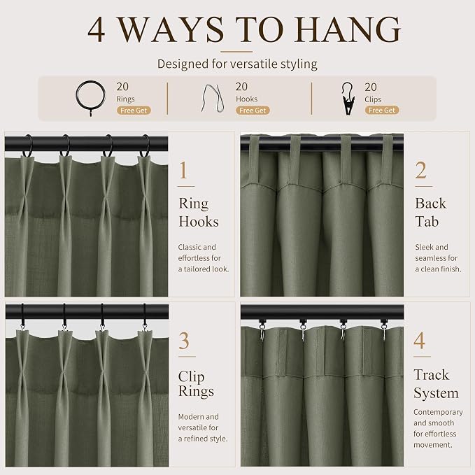 Hokibero Olive Green Pleated Linen Curtains 102 Inch Long for Living Room | Light Filtering Sheer Curtain,Pinch Pleat Back Tab Hooks Rings,Farmhouse Textured Privacy Drapes for Bedroom Window,2 Panels - Image 4