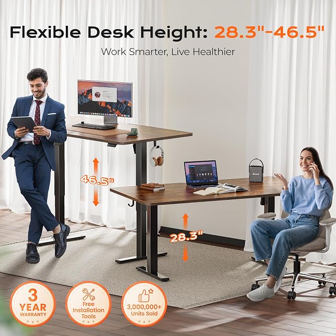 Huuger 63 x 28 Large Electric Standing Desk, Height Adjustable Computer Desk, 27.6" Deep Desktop, Stand up Gaming Office Table with 2 Hooks, 3 Preset Heights, for Home Office, Rustic Brown, 7021Z-1 - Image 3