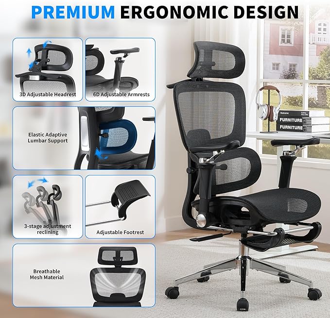 Mesh Ergonomic Office Chair with Footrest,Black | 6D Armrests,High Back Mesh Gaming Chair with Lumbar Support,Adjustable 3D Headrest for Home Office Desk Chair - Image 3