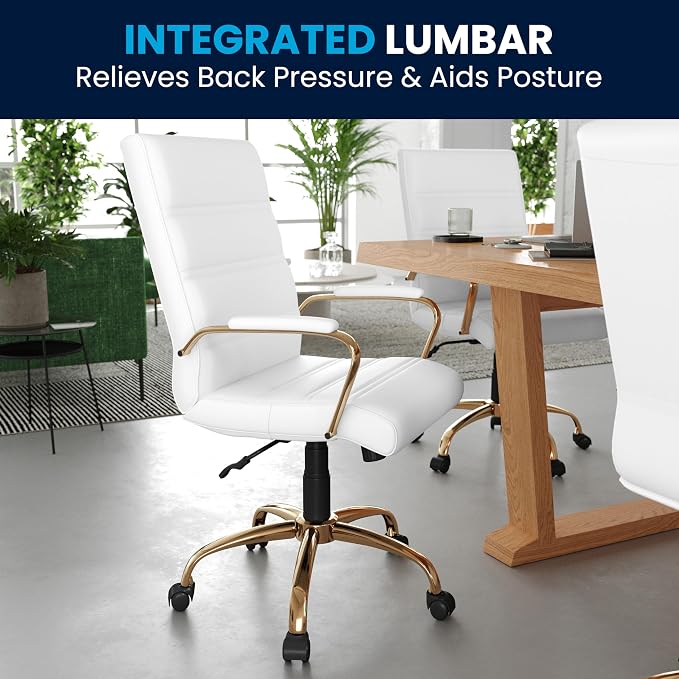 Flash Furniture Mid-Back White LeatherSoft Executive Swivel Office Chair with Gold Frame and Arms - Image 9