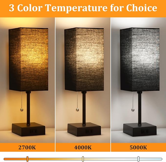 Table Lamp for Bedroom set of 2,3-Color Bedside Lamps with Pull Chain | Table Lamps for Nightstand with AC Outlets, Night Light Lamps with 2 Bulbs Lamps for Living Room Kids Office Decor（Black） - Image 2