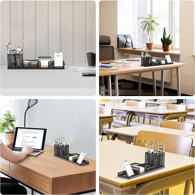 Pen Holder for Desk, 6-Piece Mesh Desk Organizer with Phone Holder, Black | 6-Piece Black Mesh Desk Set Includes Pen Cups, a Sticky Note Caddy and Phone Holder for Office, School, Home - Image 7