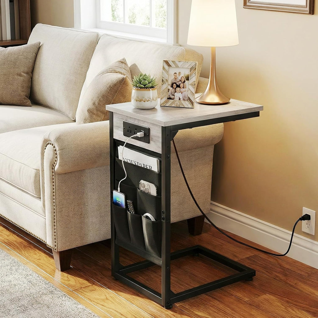 AMHANCIBLE C Shaped End Table with Charging Station, TV Tray - Image 8