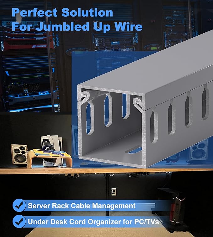 1.6"H x 1.6"W Cable Raceway, 12ft Under Desk Wire Management Channel, Black | Slotted Wire Duct, 4 Pack (3 ft Each), Heavy-Duty PVC Cable Management for Server Racks, Network Cables & Electrical Cabinets - Image 5