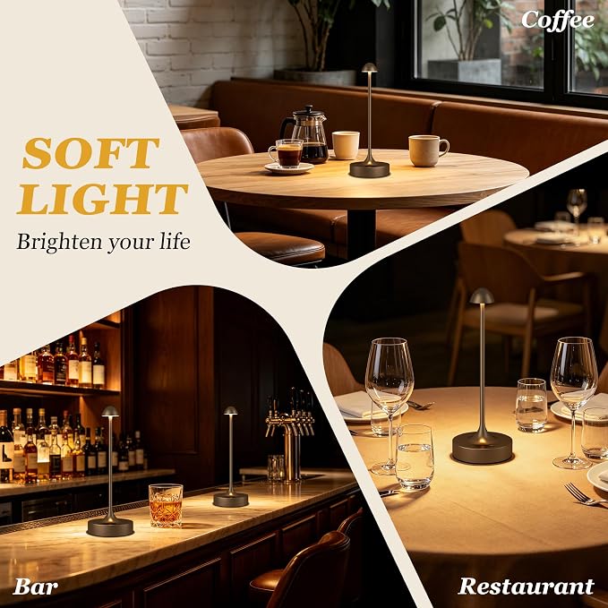 Kakanuo Rechargeable Cordless Table Lamp, Battery Operated Lamps, 3-Color Stepless Dimming, Portable Wireless Desk Lamp, LED Lighting for Dining Room, Restaurant, Office, Bar, Home(Brown 2 Pack) - Image 6