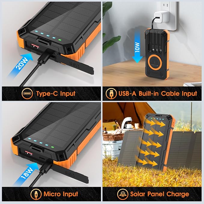 Solar Power Bank,49800mAh Wireless Portable Phone Charger with Built-in 4 Cables,22.5W Fast Charging External Battery Pack PD 3.0 USB-C In/Output for iPhone,iPad,Android,Perfect for Camping, Hiking - Image 6