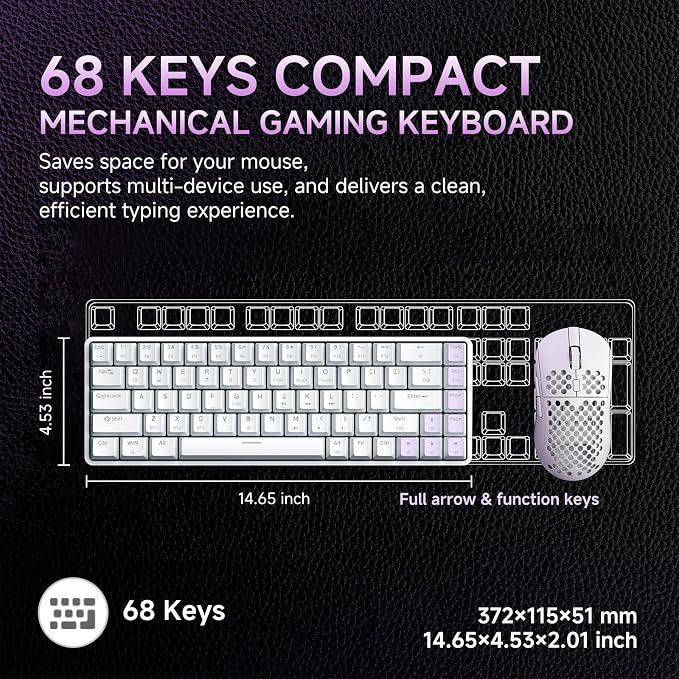 DIERYA DK68 60% Wireless Mechanical Gaming Keyboard, 3-Mode, Bluetooth 5.0/2.4G/USB-C, RGB Backlit, 68-Key Compact Mini for Windows, Mac, Linux - Linear Red Switch - White - Image 3