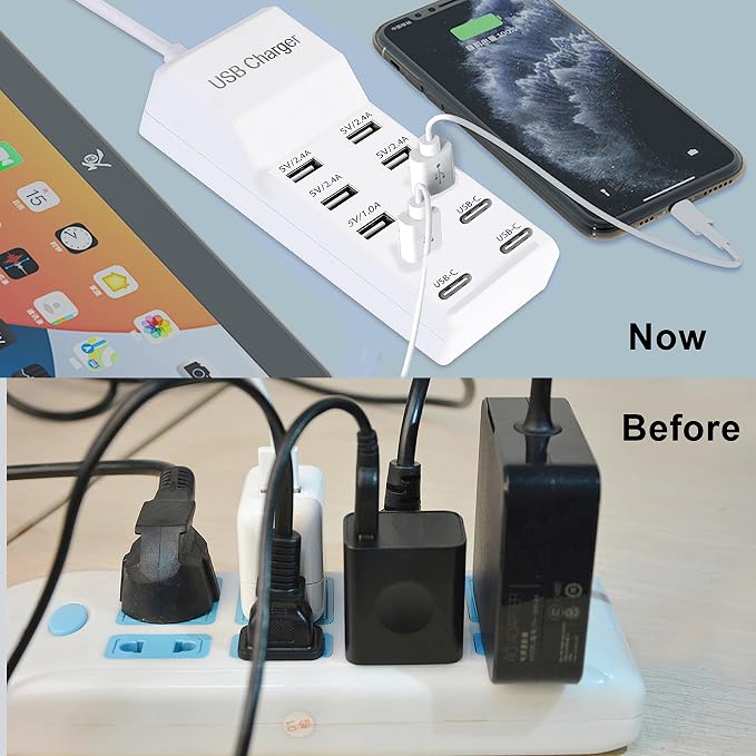 USB Charger,50W USB Charging Station with 10-Port (6 USB-A Port & 4 USB-C Port) Compatible with iPhone 15/14/13/13pro Max 12/12 Mini/12Pro/12 Pro Max/11,Tablets, Smartphones White | Desktop Charging Station - Image 3