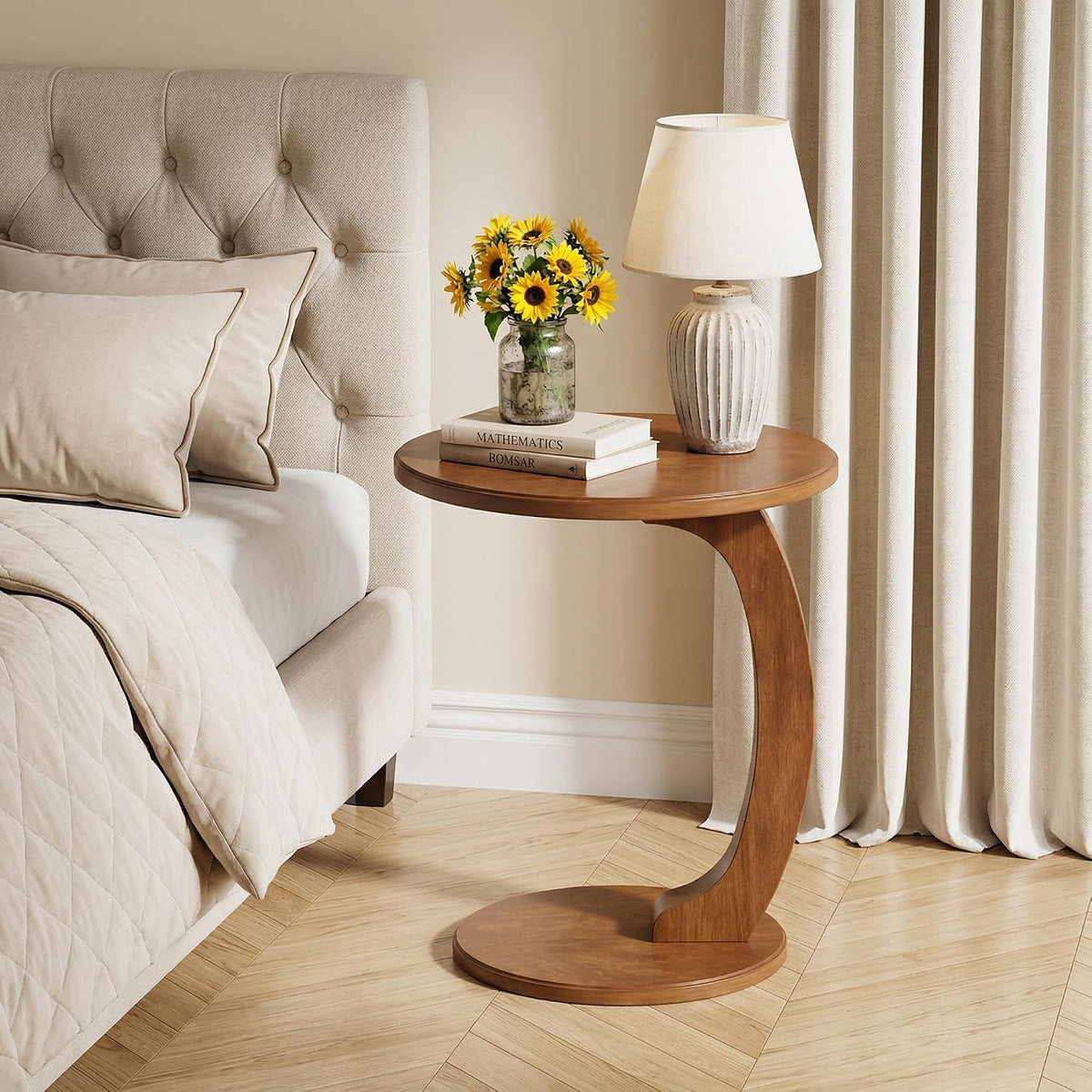 Tribesigns C Shaped End Table Set of 2, Round Wood Side Table, Mid-Century Modern Style, Heavy Base, for Living Room, Bedroom, Small Space, Brown - Image 4