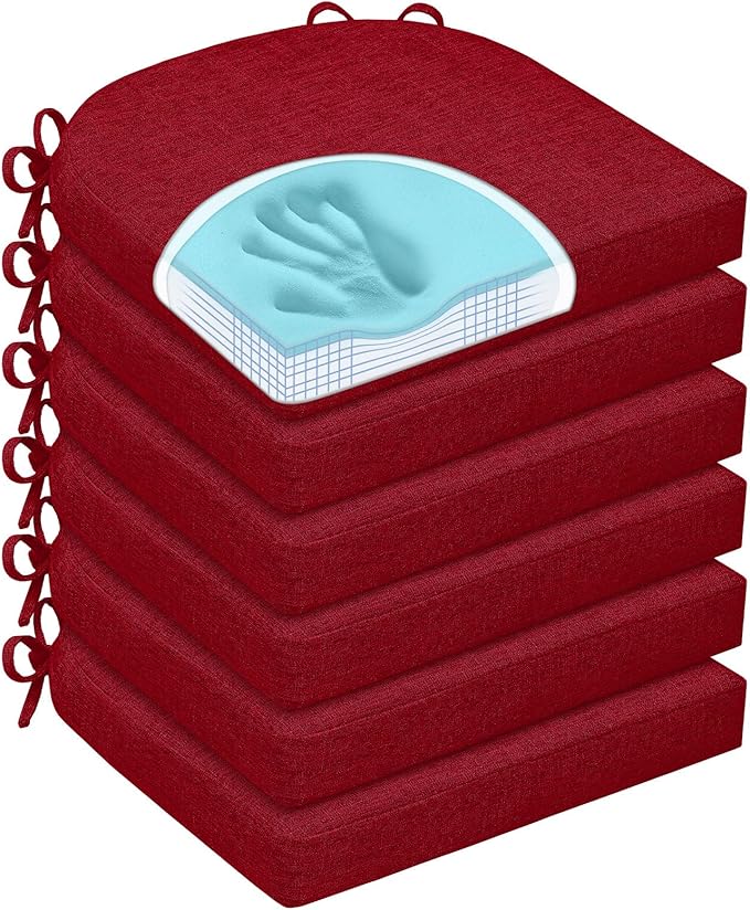 Chair Cushions for Dining Chairs, Non Slip Chair Pads with Ties and Washable Covers, Memory Foam Kitchen Chair Cushions Set of 6, 16"X16"X2.5", Red by HOMELYSIAN
