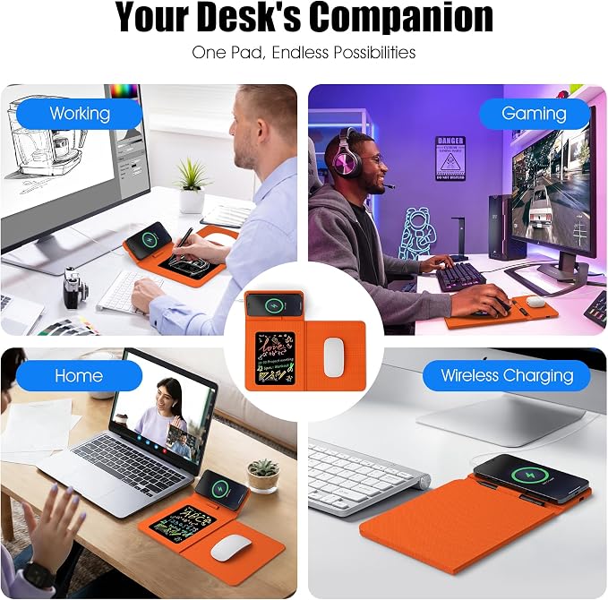 Foldable Wireless Charging Mouse Pad with LCD Writing Tablet,15W Qi Magnetic Fast Charging Mouse Mat,Multi-functional PU Leather Charging Pad for iPhone Samsung iWatch,Portable Office Home Accessories - Image 6