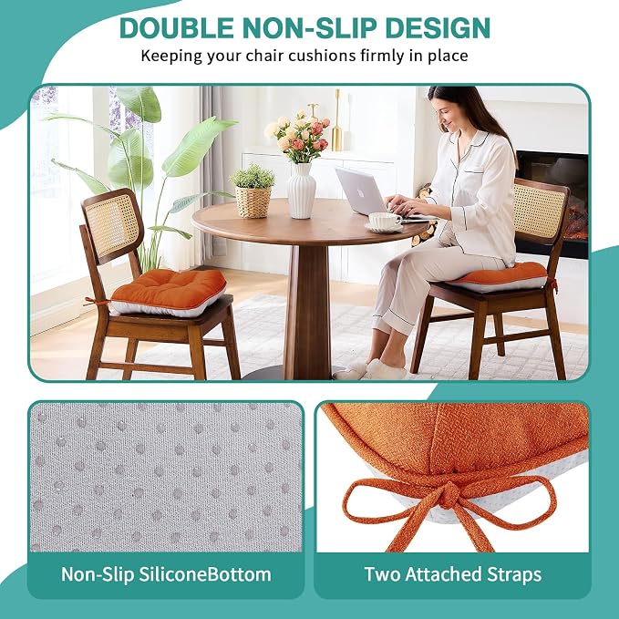 BETU Chair Cushions for Dining Chairs Set of 4,Kitchen Table Chair Pads with Ties,Non Slip Backing and Covers, Seat Cushion for Dining Room,Bar,Patio Chairs,15.5"X15.5"X3.5" - Image 2