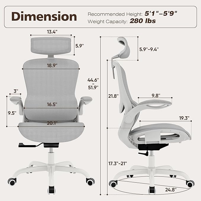 Ergonomic Mesh Office Chair- White Desk Chair, Flip-Up Armrest, Adjustable Headrest, Tilting with Soft Seat and PU Wheel, Elite Home Desk Chair for Work, Study, Gaming (GY1108) - Image 2