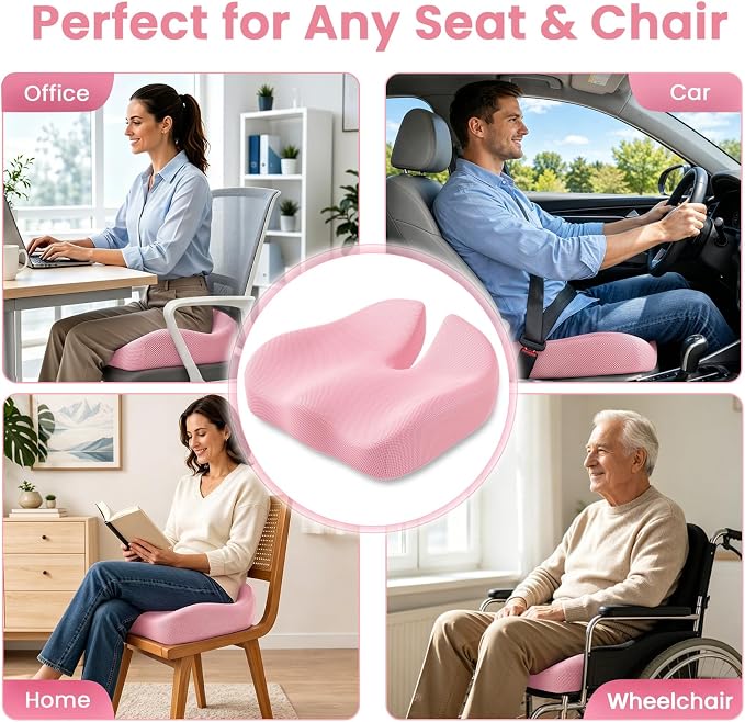 CJACSOC Seat Cushion, Extra Large Memory Foam Cushion for Office Chair Cushions, Ergonomic Cushions Pad Pillow for Pressure Relief Sciatica & Pain Relief for Long Sitting, Pink - Image 8