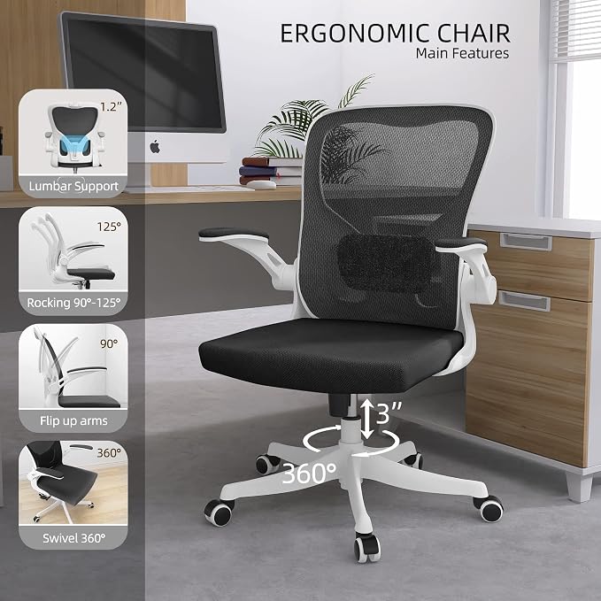 Monhey Office Chair - Ergonomic Office Chair with Lumbar Support & Flip Up Arms Home Office Desk Chairs Rockable High Back Swivel Computer Chair White Frame & Black Mesh Study Chair - Image 3