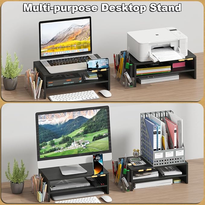 TEAMIX 2 Tiers Wood Monitor Stand Riser with Phone Holder & Side Pen Holder | Black Desk Organizer, 15.7L x 9.5W x 5.7 inch, Holds 80 lbs, Laptop/PC/Printer Stand, Ergonomic Design, Home Office Supplies - Image 7