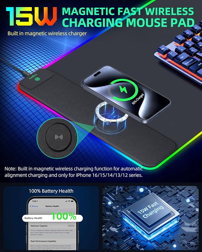 RGB Gaming Mouse Pad with 15W Magnetic Wireless Charging, 31.5"x15.7" | Large Desk Mat, 15 Lighting Mode, Ultra-Smooth Surface, Non-Slip Mousepad, Waterproof Computer Keyboard Pad for Gamer, Black - Image 2