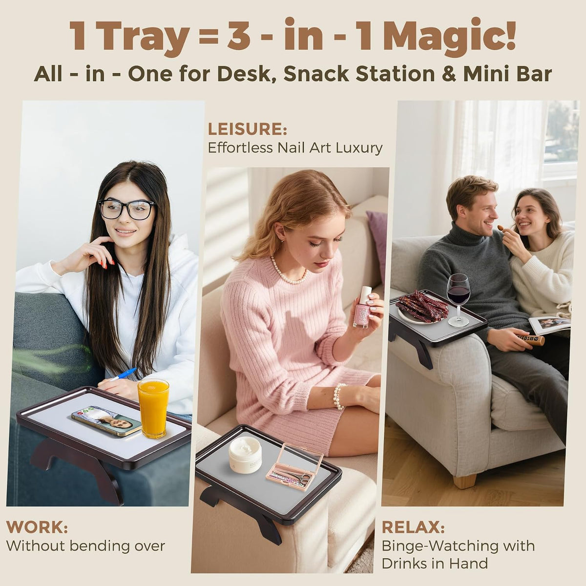 Couch Armrest Table, Foldable Bamboo Sofa Arm Tray for Couch with a Non-Slip Pad, Clip On Couch Arm Table for Remotes/Eatting/Drinks, Fits Sofa Armrest 3.5"-13.5" Brown - Image 6