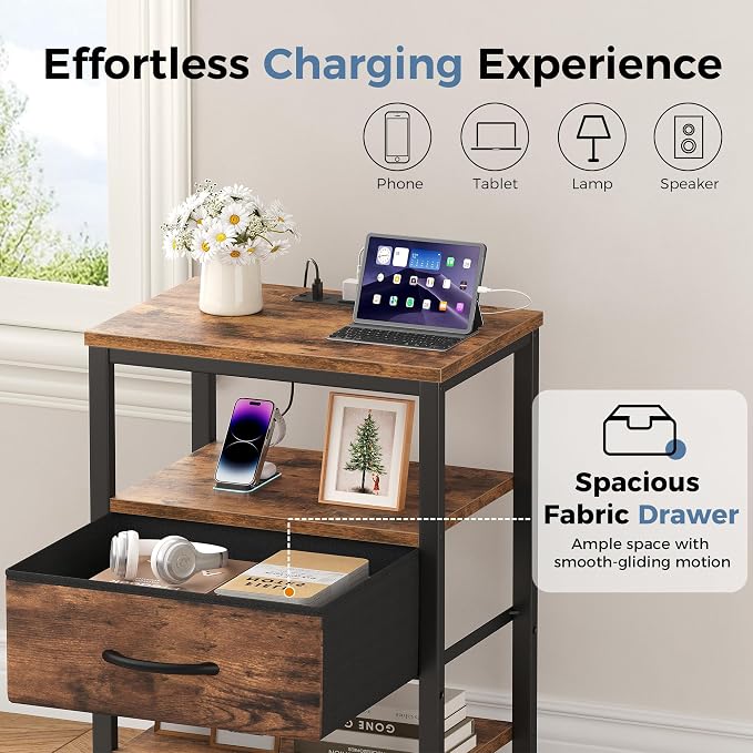 OLIXIS Nightstand with Charging Station, Beside Table with Fabric Drawer | 3-Tier End Table with 2 Storage Shelves,Night Stand with USB Ports and Outlets for Bedroom, Rustic Brown - Image 5