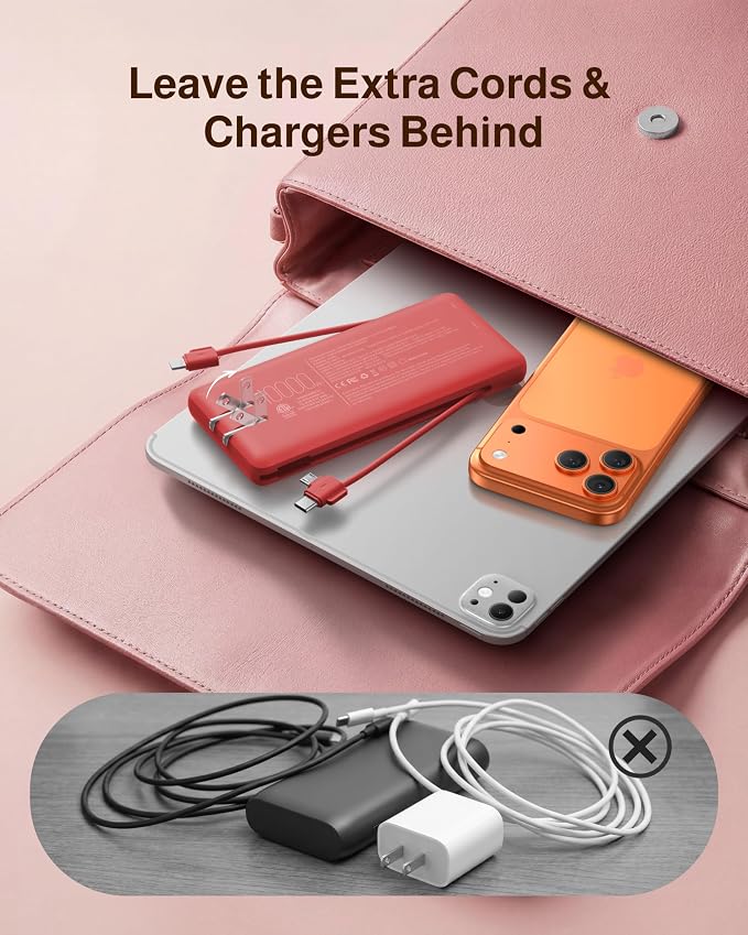 charmast 10000mAh Portable Charger with Built-in Cables and AC Wall Plug | Slim All-in-One USB-C Power Bank, Charge Up to 4 Devices at Once, Travel Essential, Compatible with iPhone, Samsung, Android - Image 5