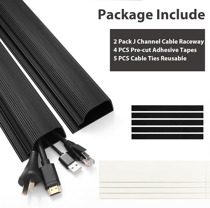 Cable Management Under Desk, 32in (2x15.75in) J Channel, Self Adhesive Cable Raceways Channel, Easy to Install Cord Cover Hider Desk Cord Organizer Electrical Black - Image 3