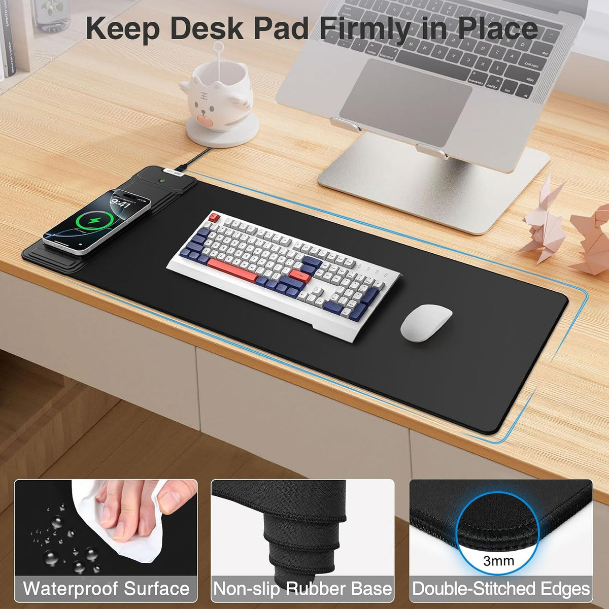 Mouse Pad with Wireless Charging & Foldable Phone Holder, 27.5"x11.8" Black - Image 5