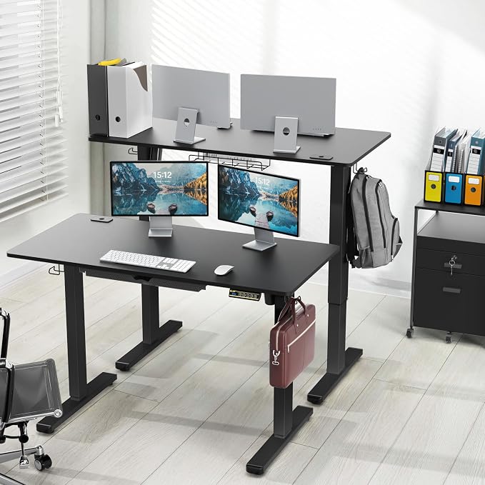 SHW 48-Inch Electric Height Adjustable Standing Desk w/Drawer, Black | w/ Memory Presets and Cable Management | Drawer with adjustable compartments | Hanging Hooks - Image 2
