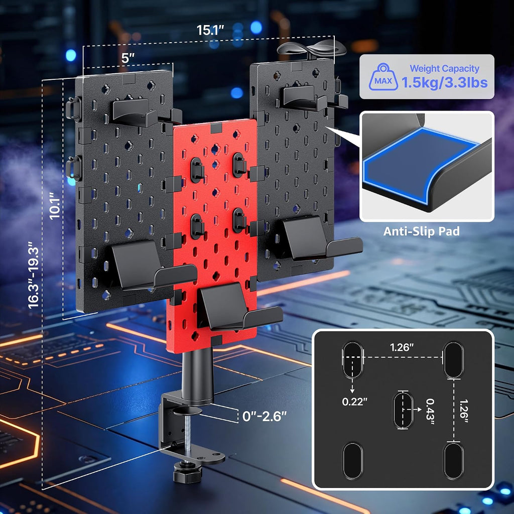 PEGZONE Modular Headphone and Controller Holder for Game, Clamp-on Pegboard, Rotatable Controller Stand with Cable Hooks, Gaming Accessory for Xbox PS5 PS4 Nintendo Switch, 3Pcs Pegboard, Red - Image 8